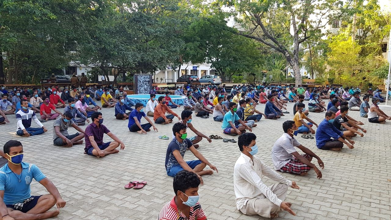 Yoga session for the 'guests' at Guru Nanak college in Chennai.