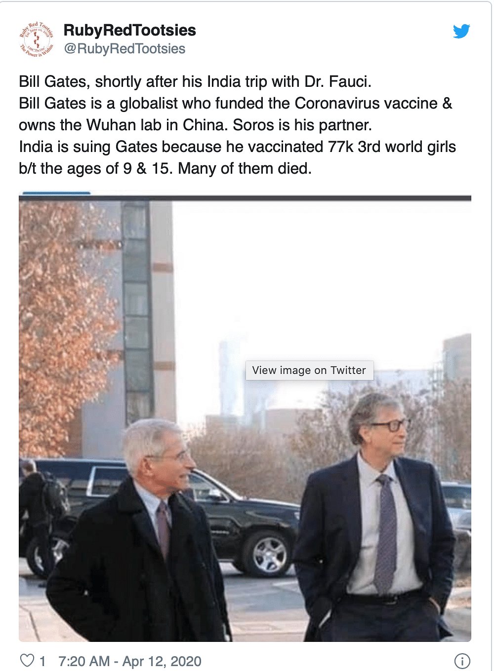 The post also claims that Gates is a “globalist who funded the Coronavirus vaccine and owns the Wuhan lab in China.