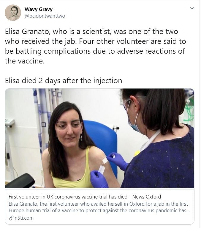 “Nothing like waking up to a fake article on your death,” Elisa Granato wrote on Twitter, debunking the fake claim.
