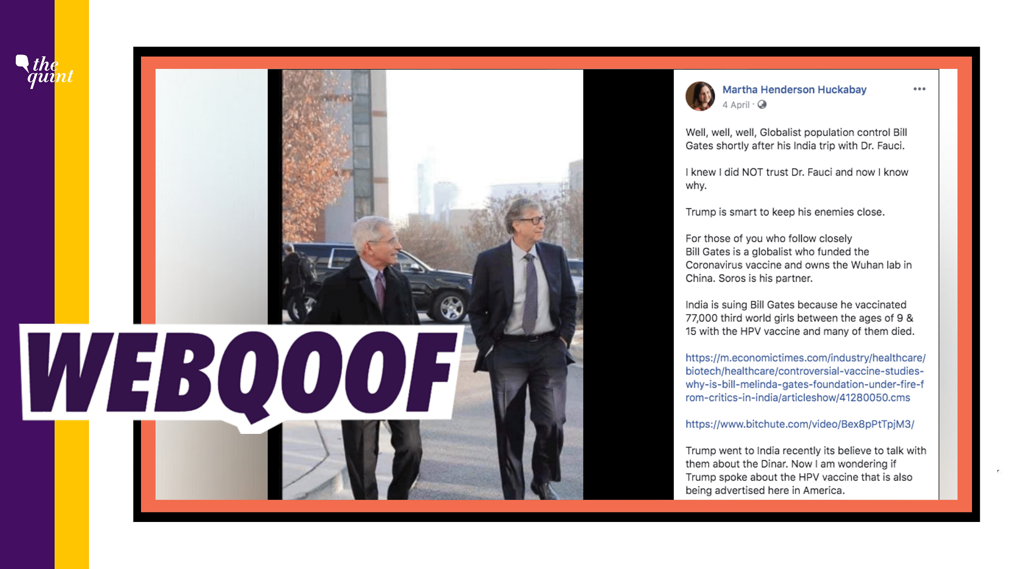 The post also claims that Bill Gates is a “globalist who funded the coronavirus vaccine and owns the Wuhan lab in China.”