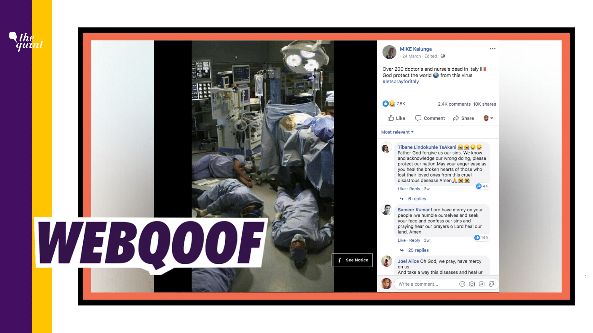 A photo of some doctors and/or nurses lying seemingly dead in what appears to be a hospital operation theatre is going viral with the claim that over 200 doctors and nurses have died in Italy owing to coronavirus.