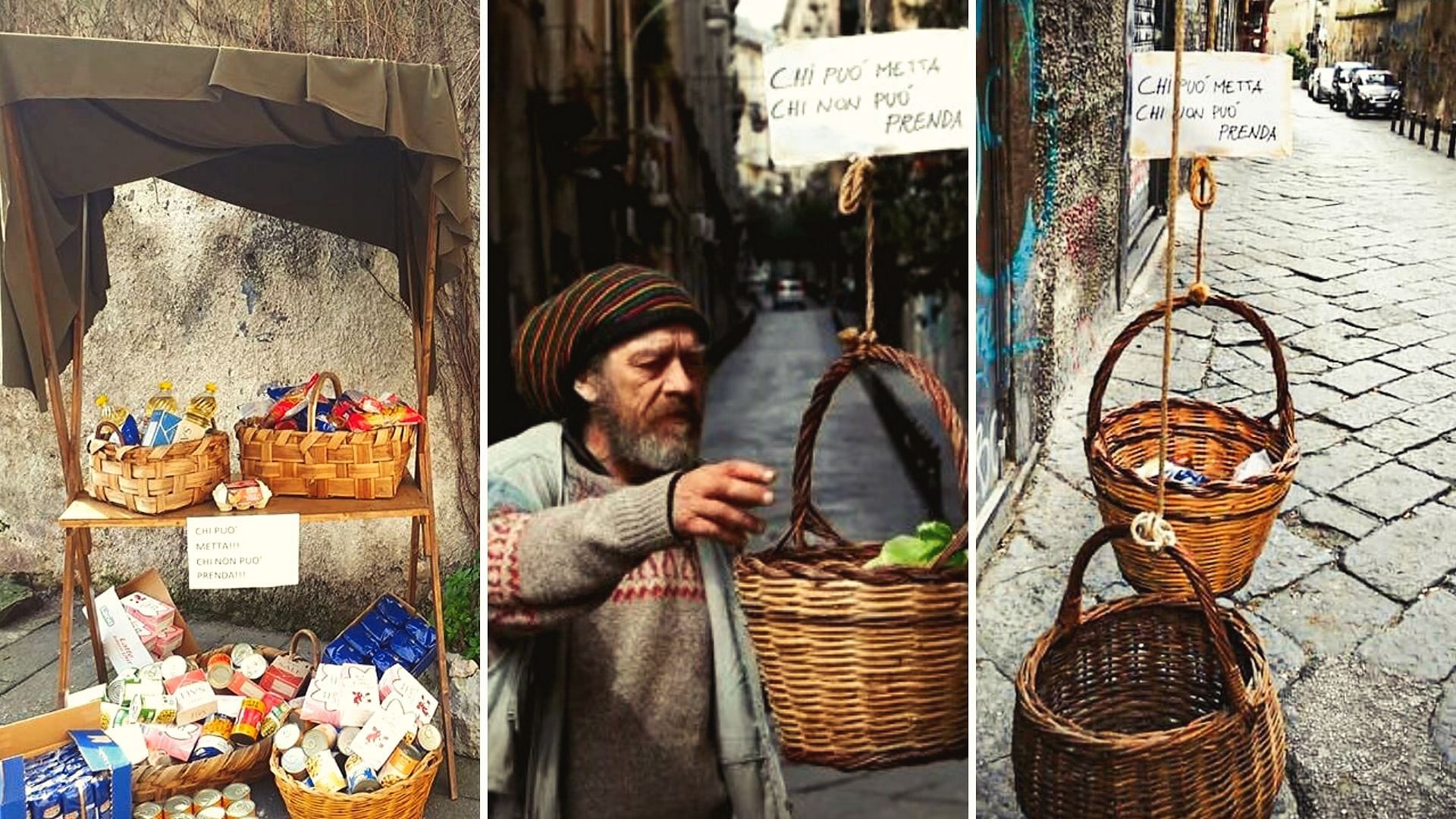 Italians hang food baskets for the homeless outside their homes.