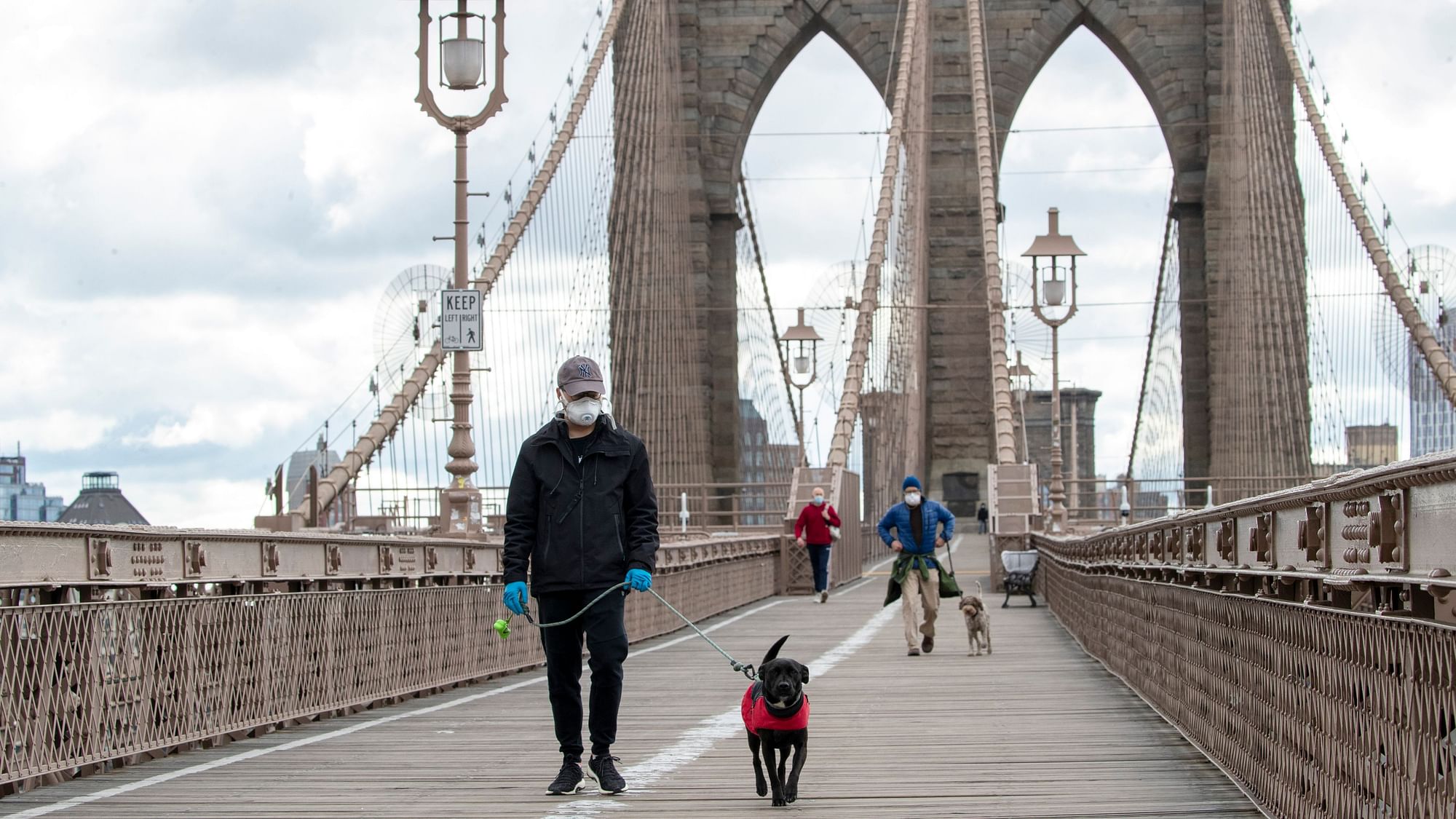 People wear facial masks for protection against the coronavirus as they walk their dogs on the Brooklyn Bridge, Friday, 10 April 2020, in New York.