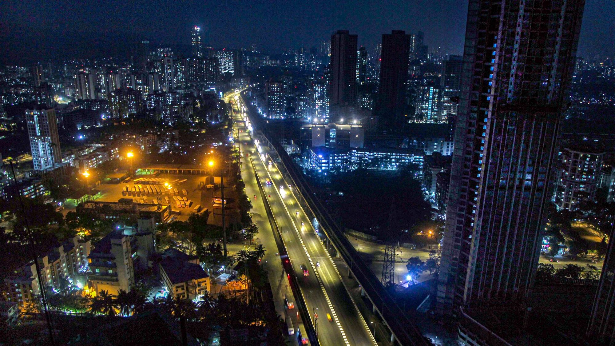 An aerial view of a deserted Western Express Highway during lockdown in the wake of coronavirus pandemic, at Dahisar in Mumbai, on 26 March.