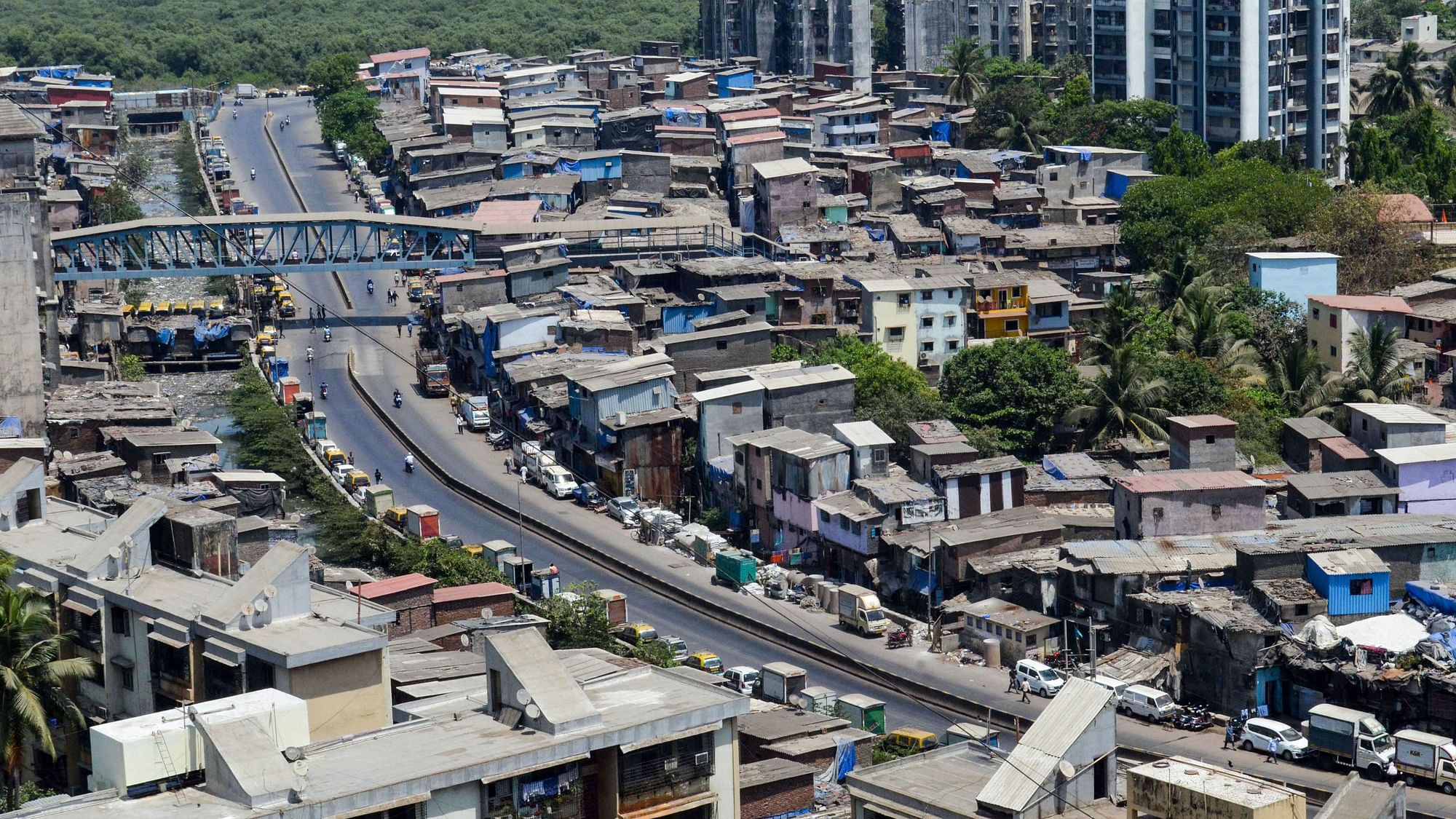 An aerial view of Dr Baliga Nagar during a nationwide lockdown in the wake of coronavirus pandemic, at Dharavi in Mumbai. 