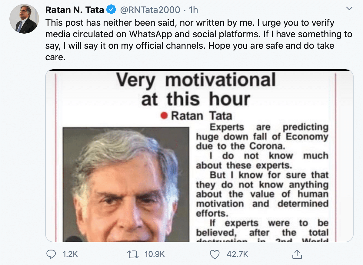 A social media post on the state of Indian economy, attributed to industrialist Ratan Tata, has gone viral.