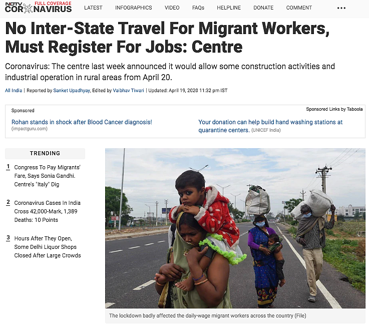 The NDTV article used the image of migrant workers as a file photo.