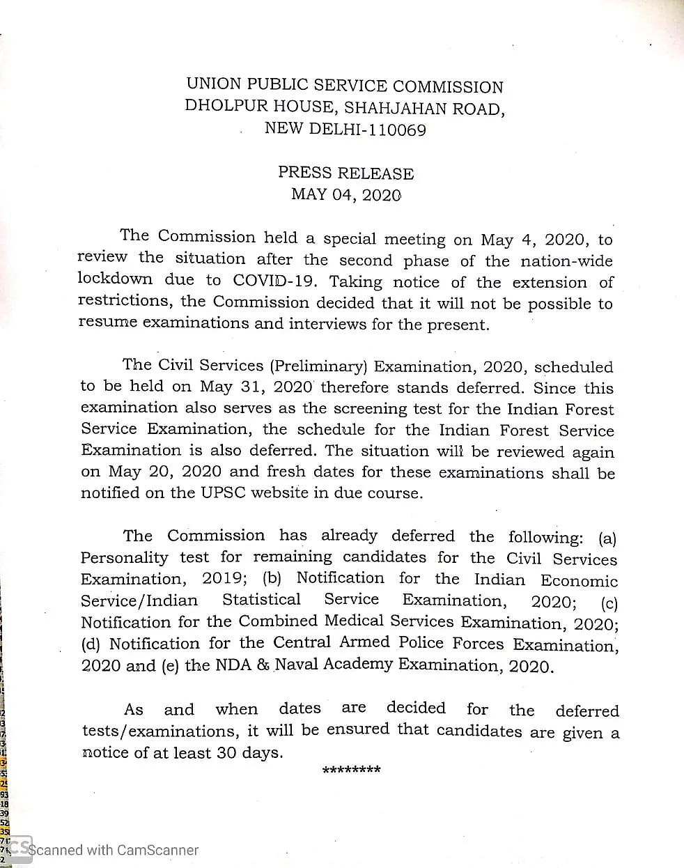 UPSC Notification on 4 May regarding postponement of the Civil Services Prelims 2020 Examination.