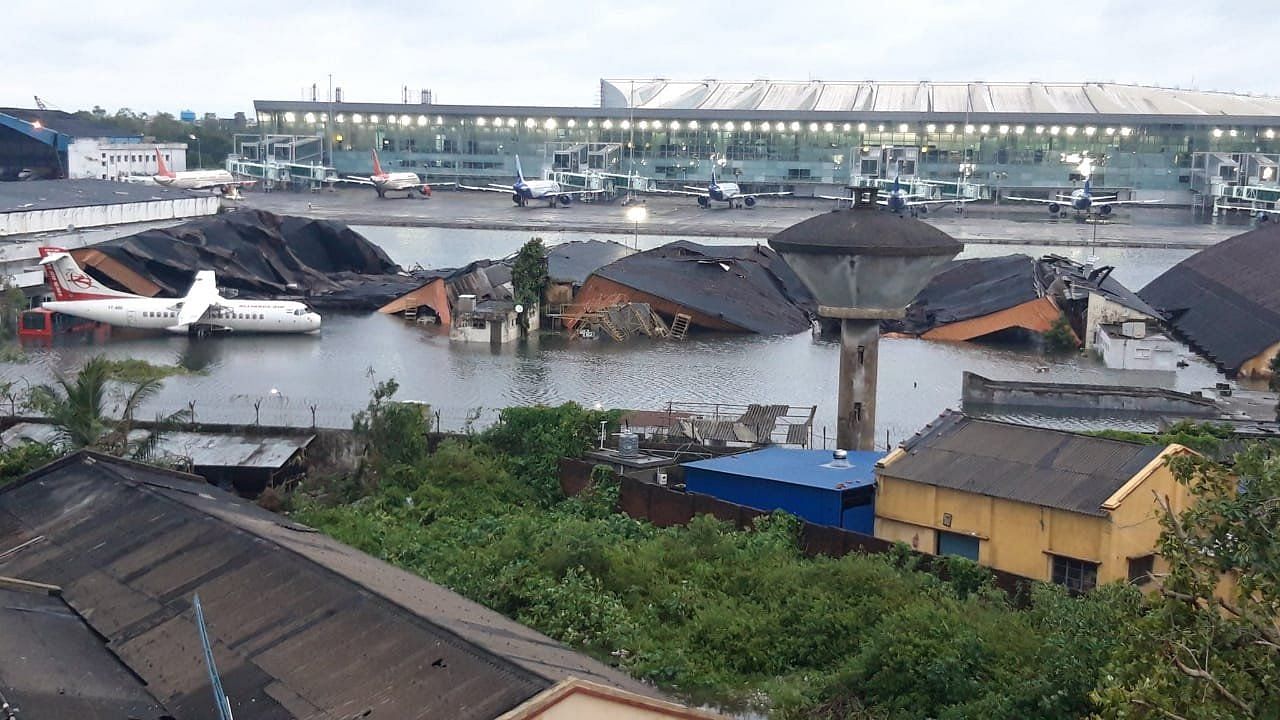 Flooded hangars, tarmac at the Kolkata airport due to cyclone Amphan.
