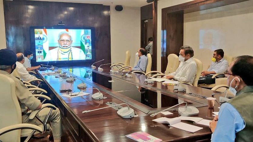 Madhya Pradesh Chief Minister Shivraj Singh Chouhan takes part in the Chief Ministers’ video conference meeting.