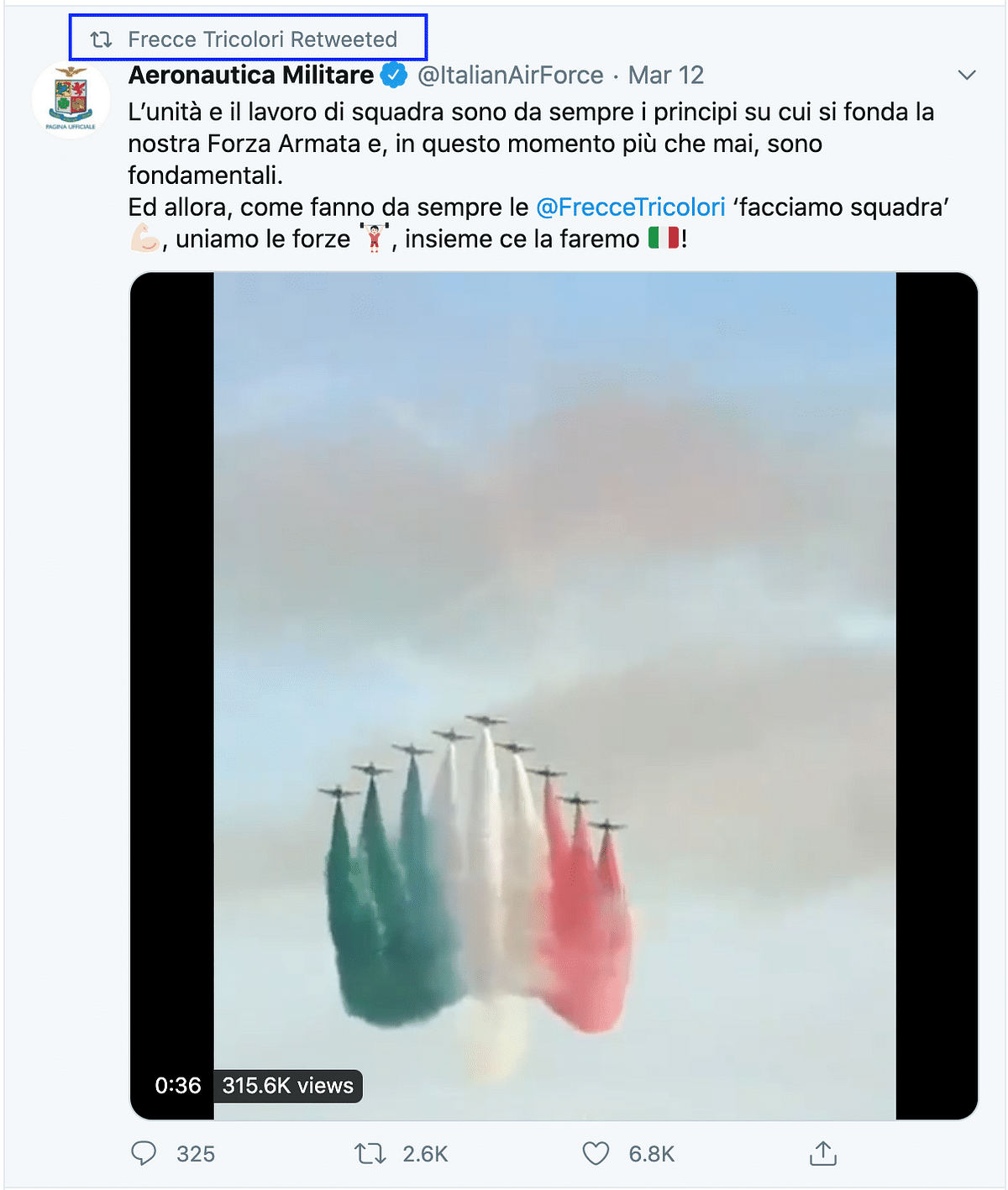 The video is from Italy and shows the Italian Air Force painting the sky with their national flag.