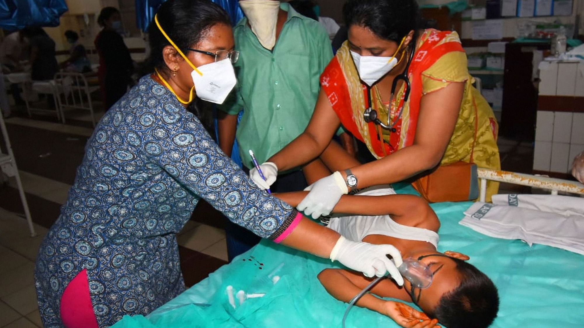An affected child being treated at King George Hospital after a major chemical gas leakage at LG Polymers industry in RR Venkatapuram village, Visakhapatnam, Thursday, 7 May.