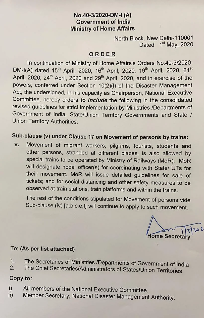 MHA Allows Special Trains to Ferry Stranded People Amid Lockdown