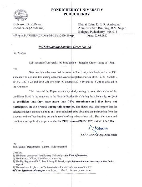 No Scholarship for Pondicherry Univ Students Involved in Protests