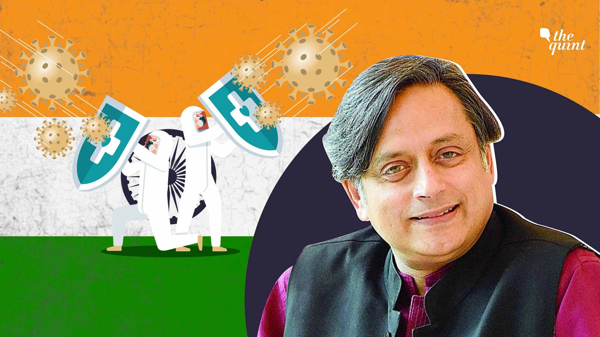 Image of Congress leader Dr Shashi Tharoor, map of India, and an illustration to show ‘fight against COVID’ used for representational purposes.