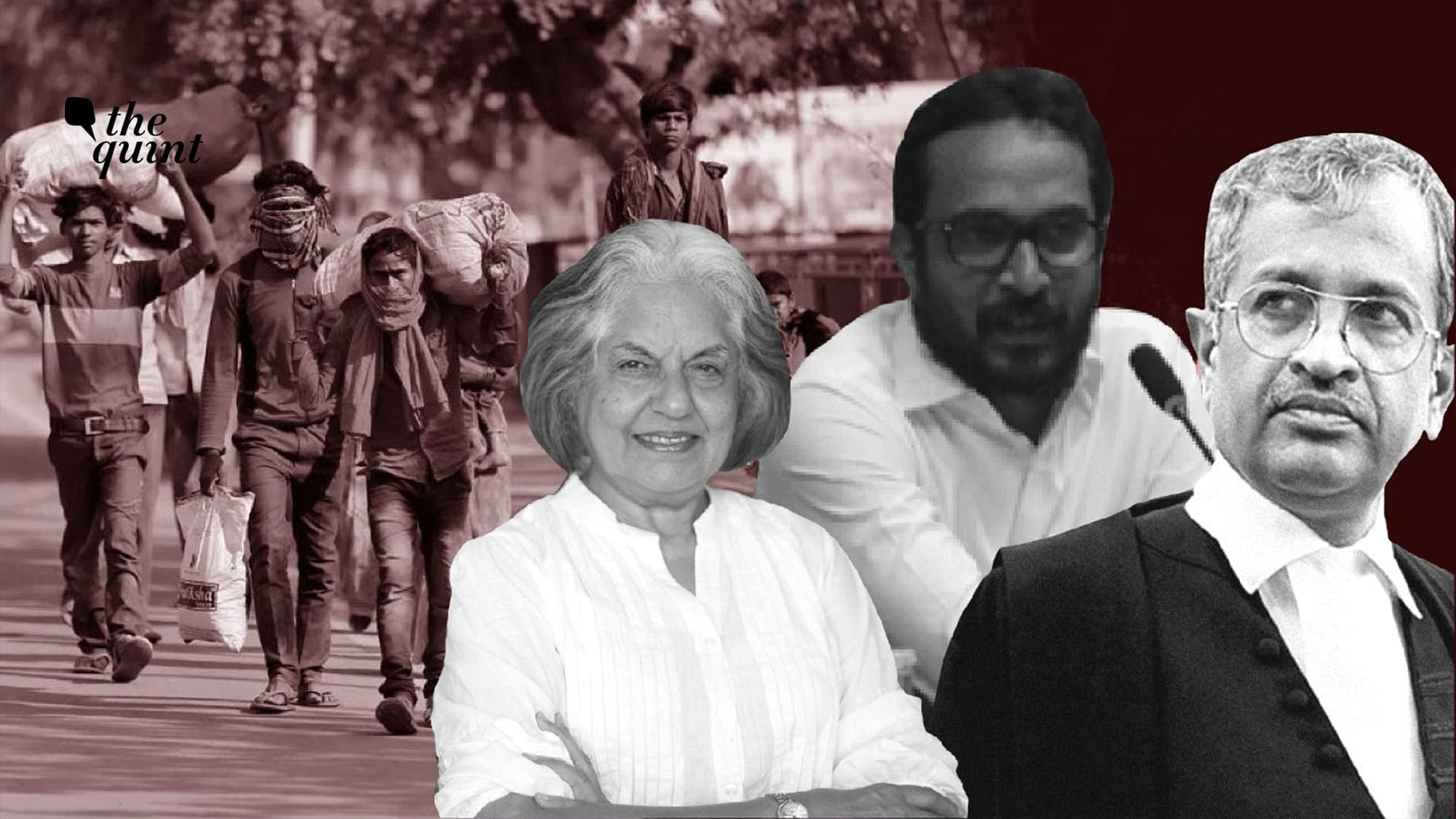 From L-R: Migrant workers on the road, Indira Jaising, Clifton Rozario and Sanjay Hegde.