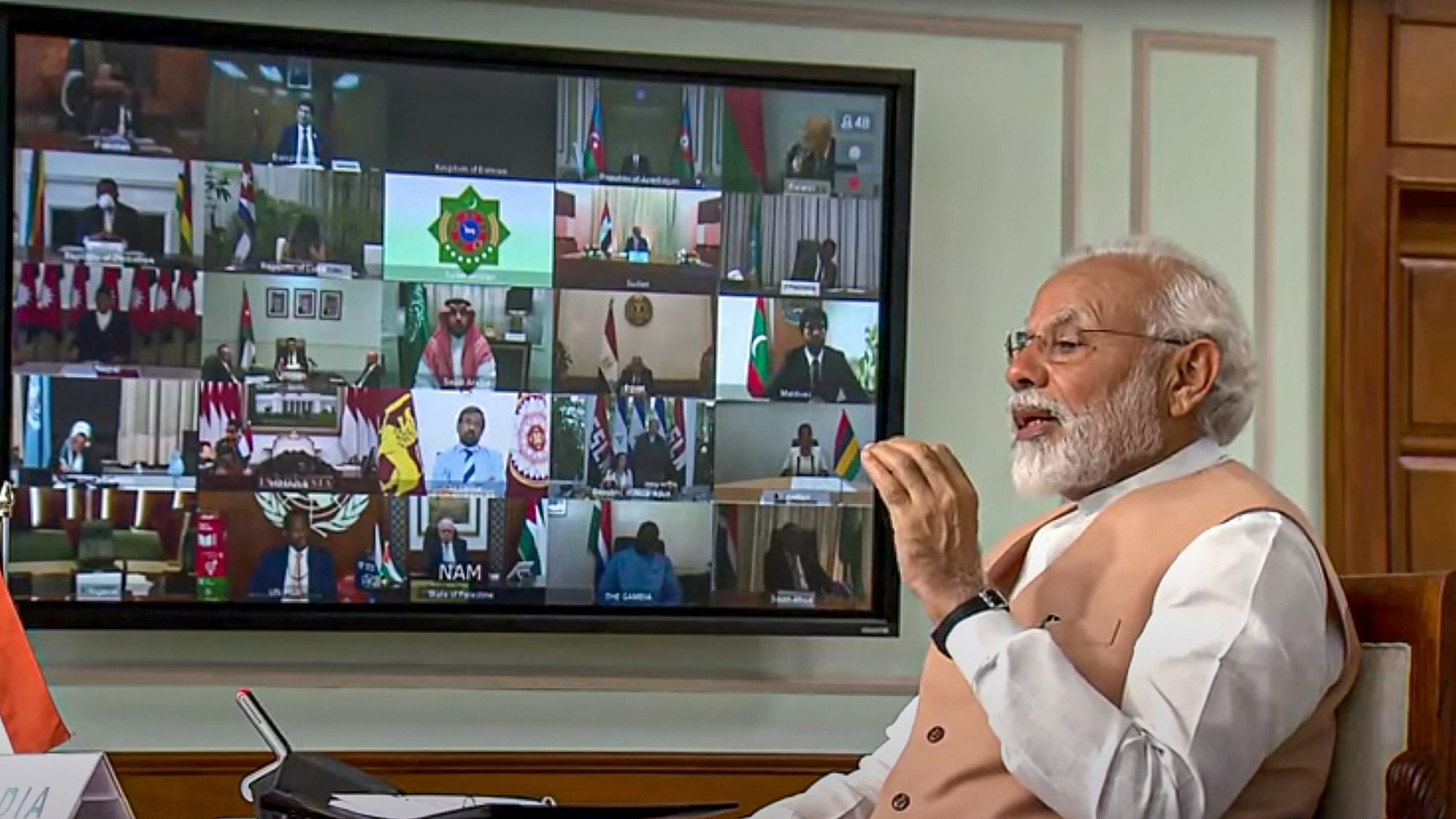 Prime Minister Narendra Modi speaks during the Non-Aligned Movement (NAM) Summit via video conference, to discuss the response to the COVID-19 pandemic and crisis related to it, in New Delhi, Monday, May 4, 2020. 