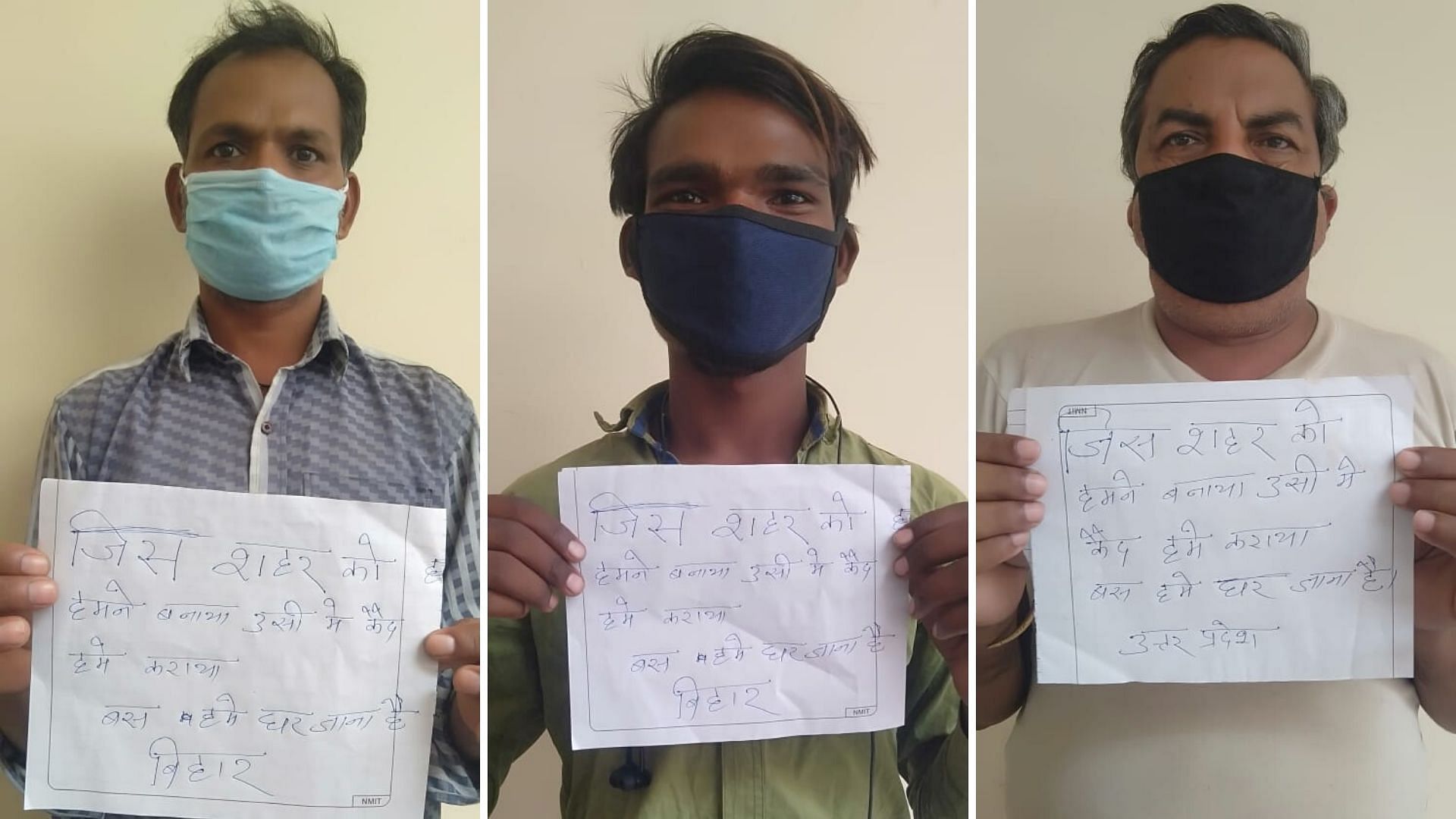 “We just want to go home,” read the placards, held up by migrant workers wearing masks,