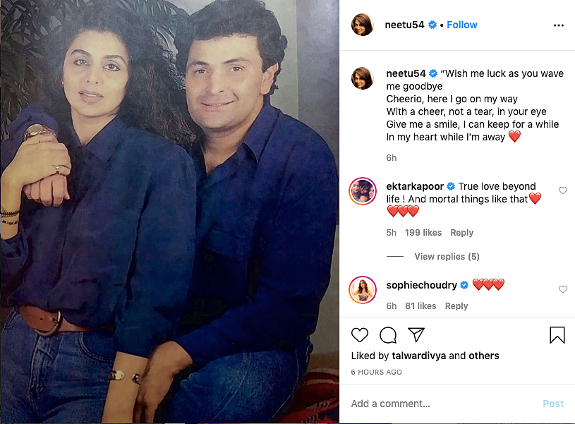 Neetu Singh’s Instagram post remembering Rishi Kapoor.