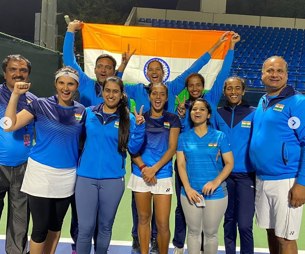 Sania Mirza with the victorious Indian Fed Cup team earlier this year.