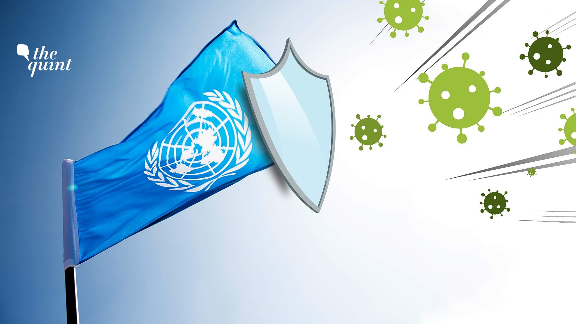 Image of UN flag and illustration of the coronavirus used for representational purposes.