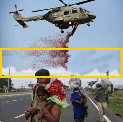 A viral image was shared to falsely claim that an IAF helicopter was throwing flower petals on the migrant workers. 