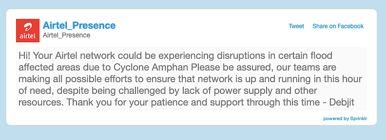 Airtel replied to users tweets in West Bengal with this message.