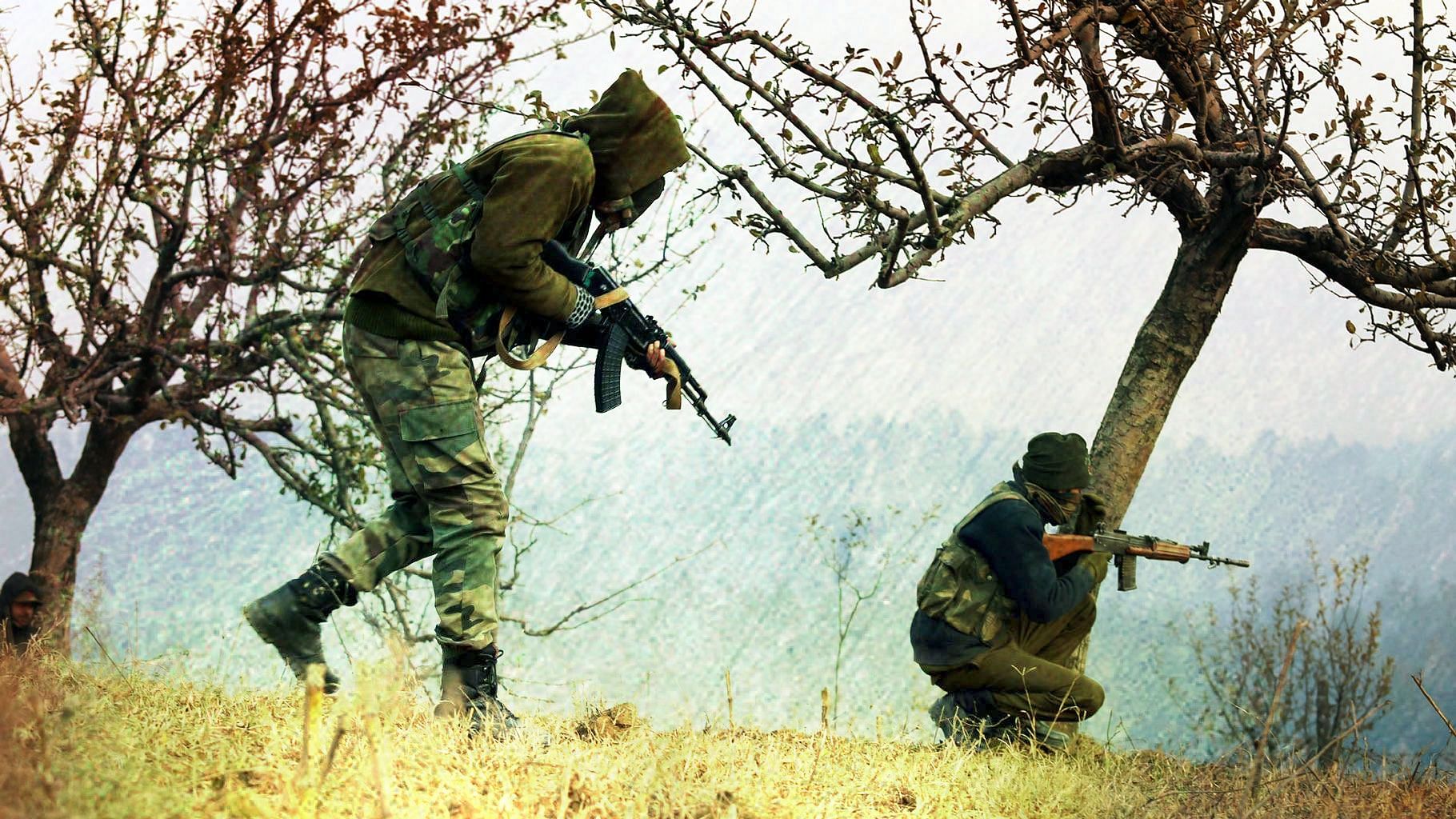 File photo of an encounter between armed forces personnel and terrorists in Kashmir.&nbsp;
