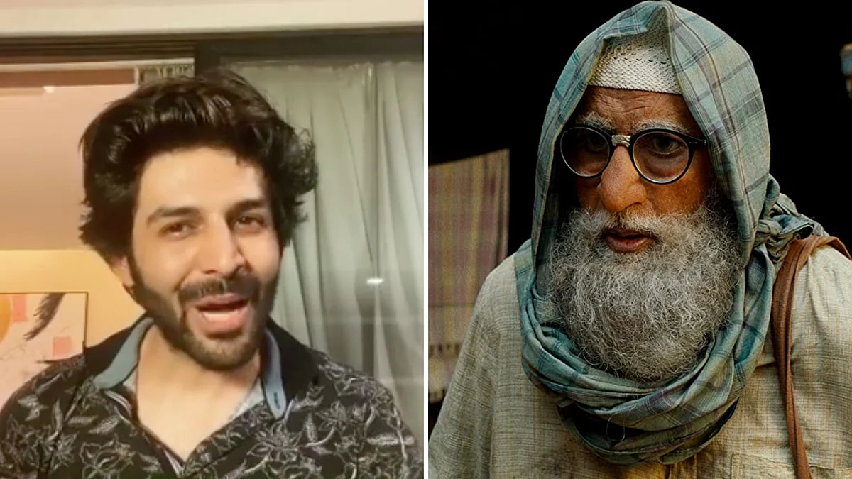 Kartik Aaryan (L) and Amitabh Bachchan in <i>Gulabo Sitabo </i>(R)