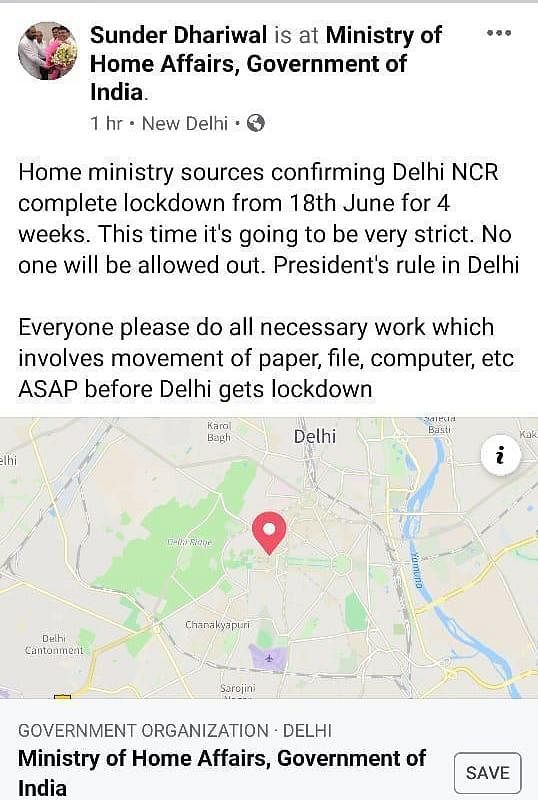 A misleading viral message states that a complete lockdown will be implemented in Delhi-NCR region from 18 June.