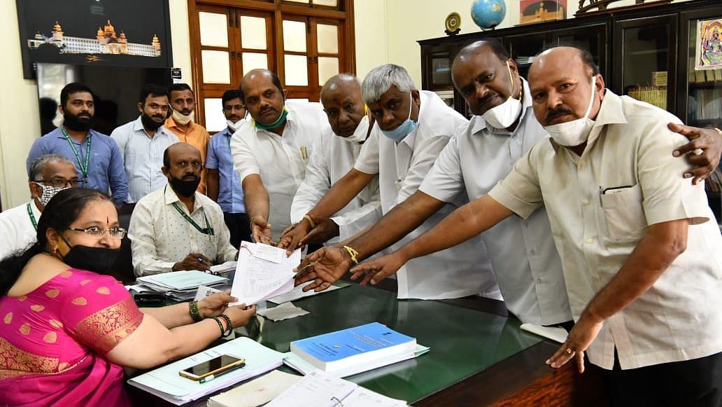 Former Prime Minister and Janata Dal (Secular) supremo HD Deve Gowda on Tuesday filed his nomination for the Rajya Sabha elections, which are slated to be held on June 19. 