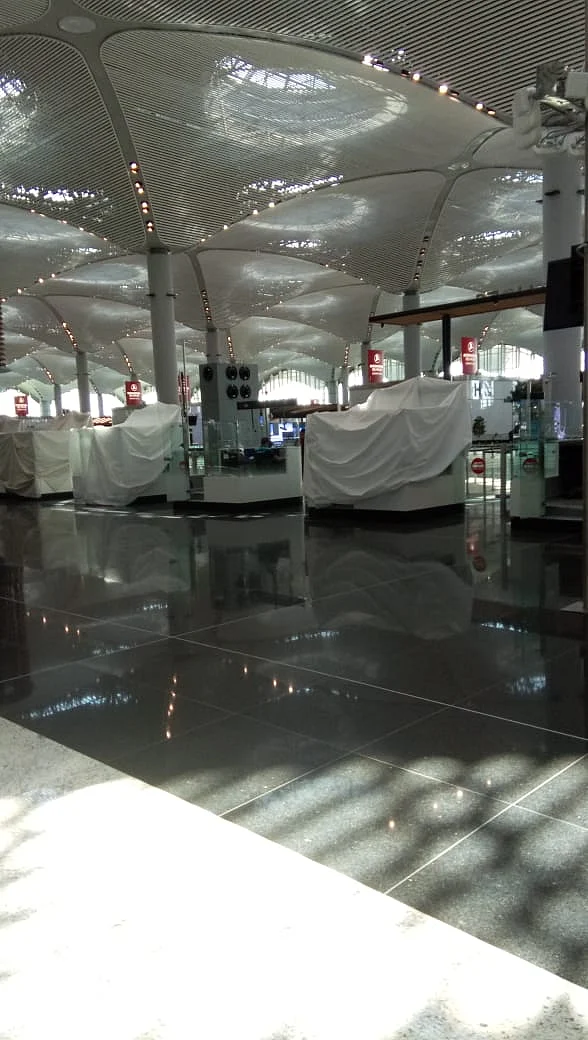 Some parts of the airport looked like a ghost town with white coverings.