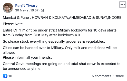 The message claims that in view of this “military lockdown” in these cities, people should stock up on everything.