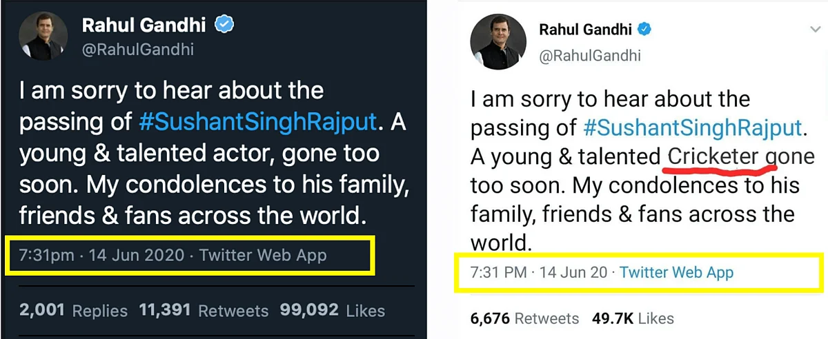 Tweet by Rahul Gandhi (left); morphed tweet of Rahul Gandhi (right).