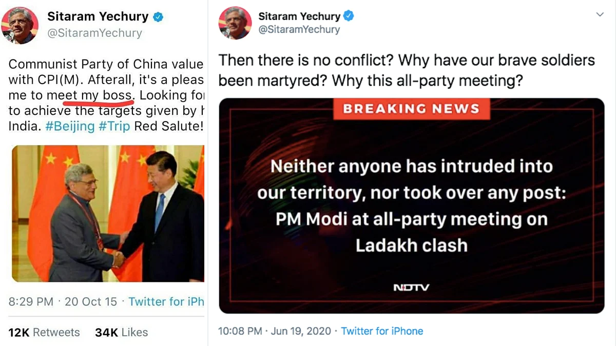 The viral tweet (left), tweet from Yechury’s handle (right)