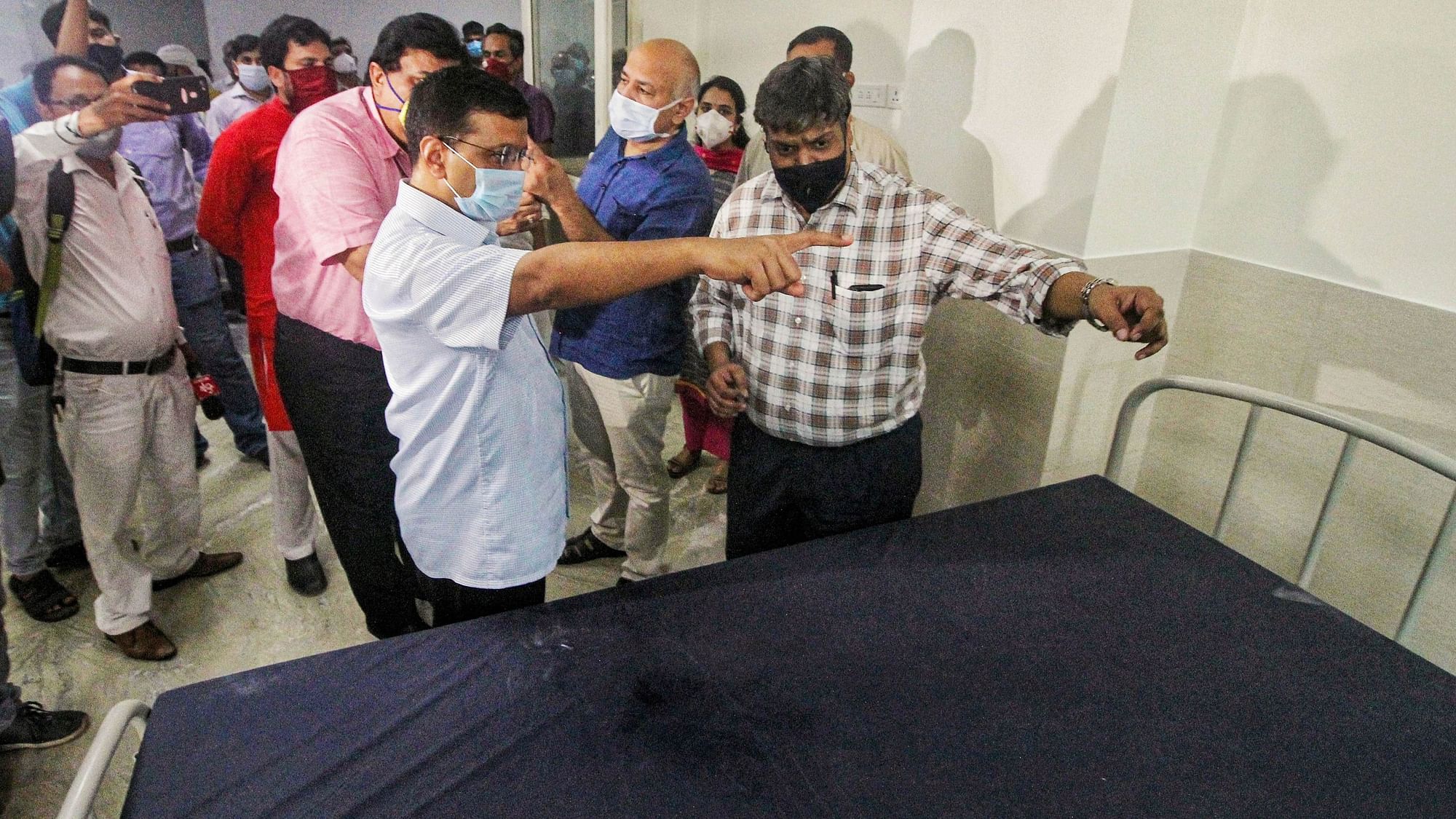 Delhi CM Arvind Kejriwal inspects a hospital in the national capital.