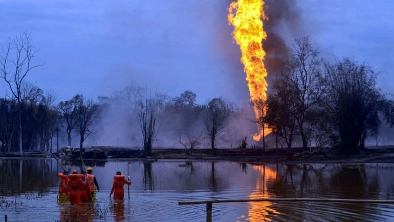 View burning oil well at Baghjan in Tinsukia district of Assam on 9 june.