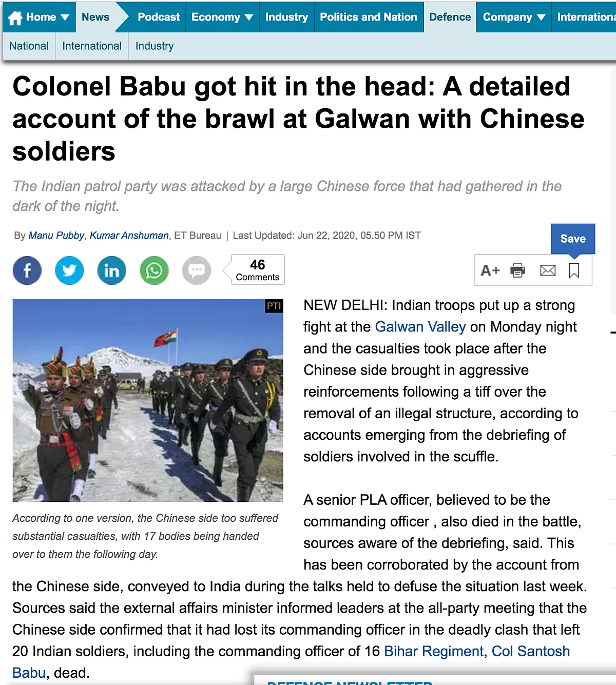 The article stated how “a senior PLA officer, believed to the commanding officer” had also died in the battle.