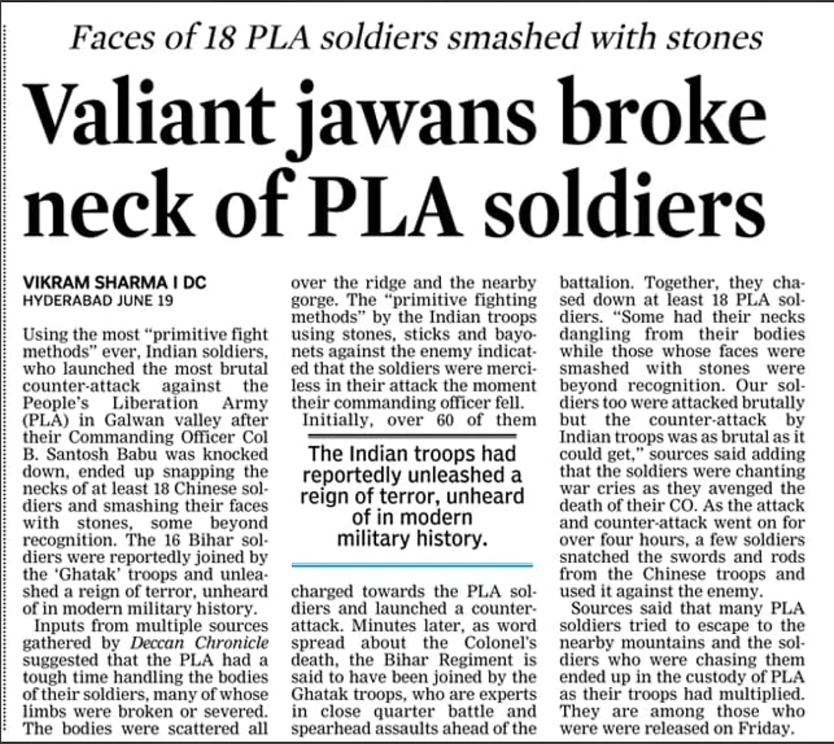 The article states that using the most “primitive fight methods ever,” Indian soldiers, had launched the most brutal counter-attack against the Chinese troops.