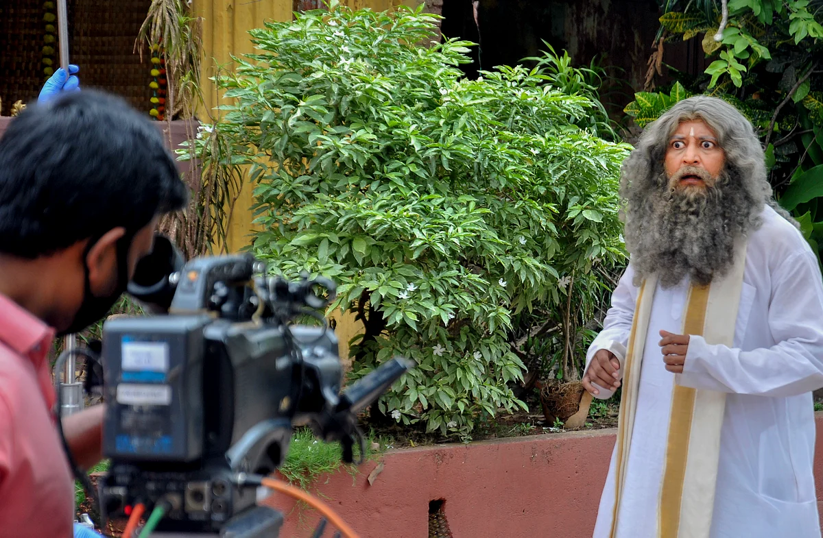 An actor performs during shooting of a TV serial, resumed after authorities permitted the opening of studios, during the fifth phase of COVID-19 lockdown, in Kolkata.