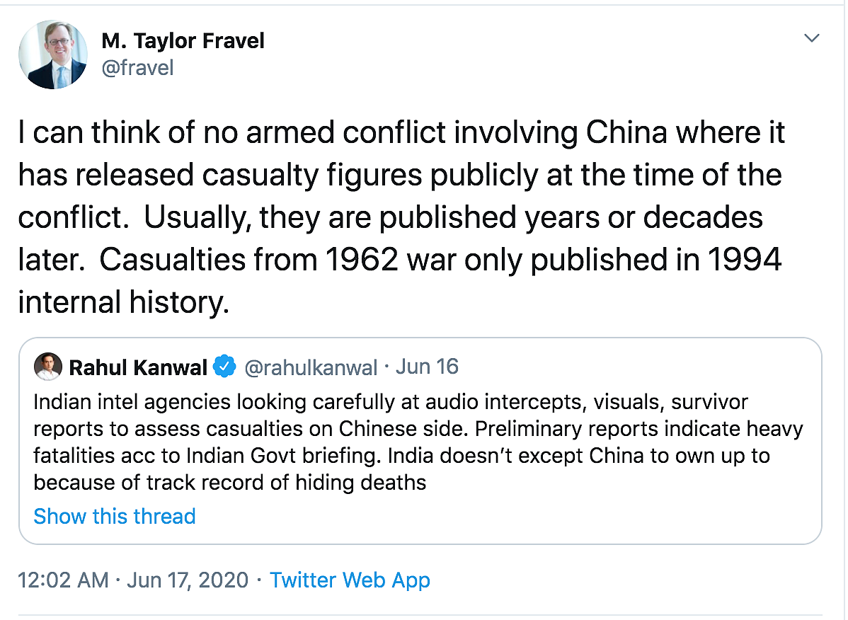 Taylor Fravel highlighted how China doesn’t own up and has a track record of hiding deaths.