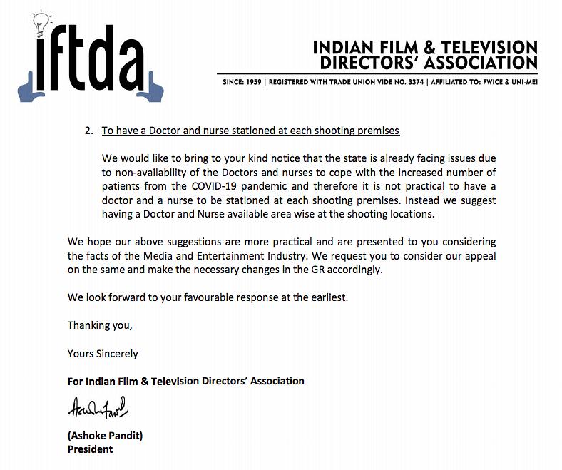 The film body has asked Uddhav Thackeray to reconsider two clauses in the guidelines for resuming of shoots.