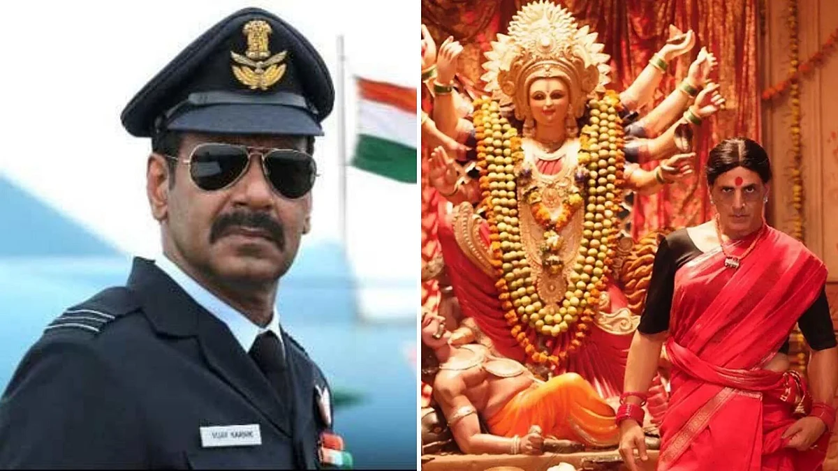 Ajay Devgn in <i>Bhuj</i> and Akshay Kumar in a still from <i>Laxmmi Bomb</i>.