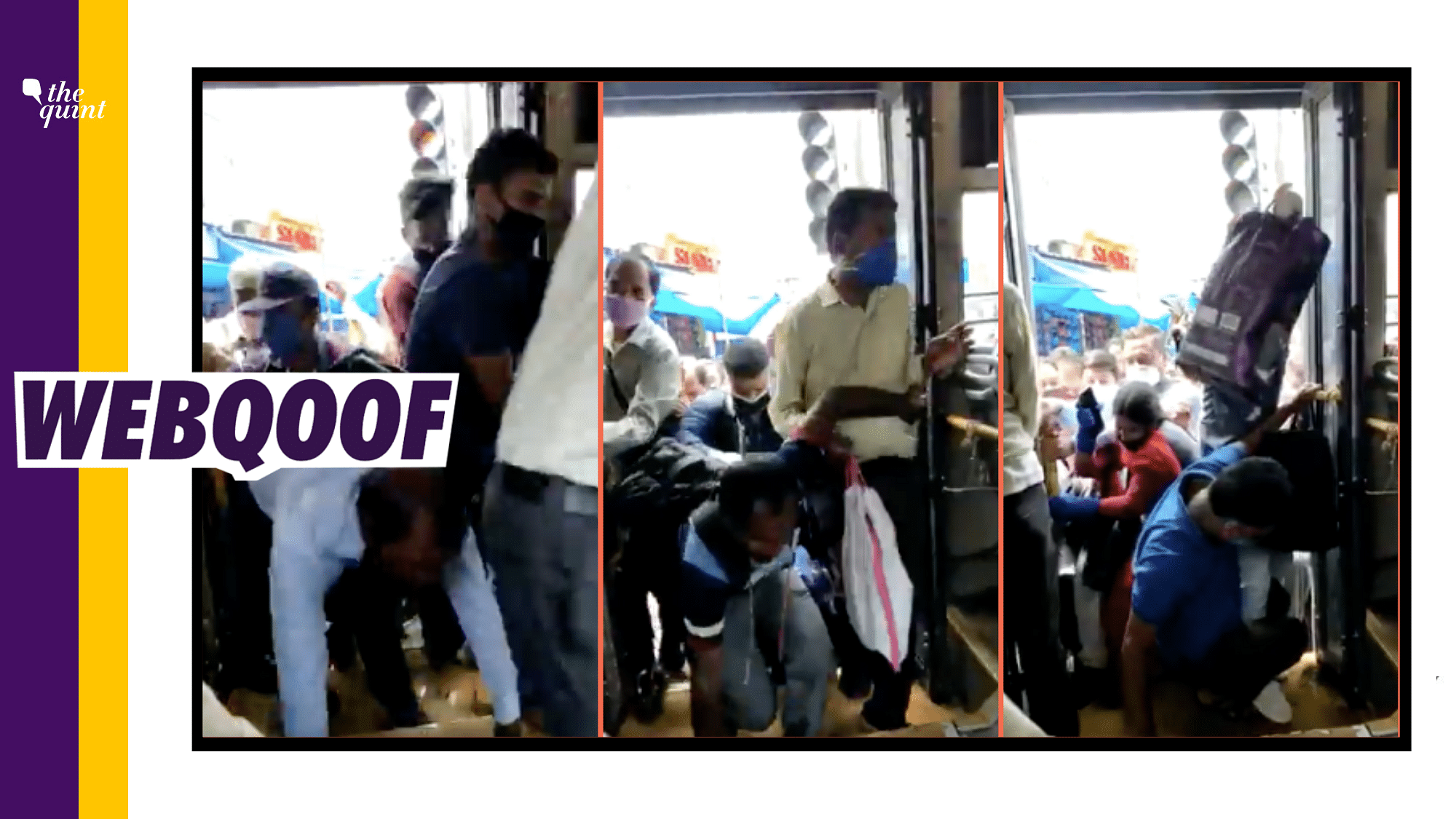 The video shows a large number of people falling over each other in their efforts to board a bus in haste.