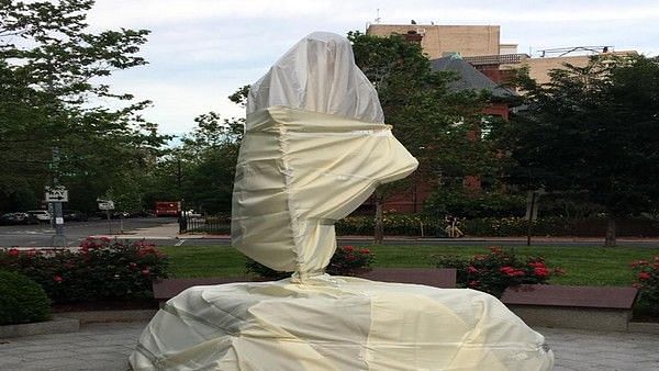 A statue of Mahatma Gandhi outside the Indian Embassy in Washington DC was desecrated by unruly elements involved in the ongoing protests in the United States over the death of George Floyd.