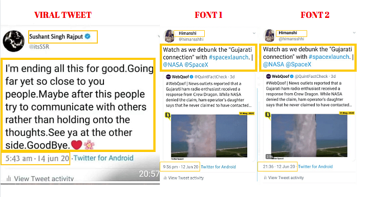 The screenshot of the viral tweet has a different font for the username and the date line while the tweet’s text font id different. 