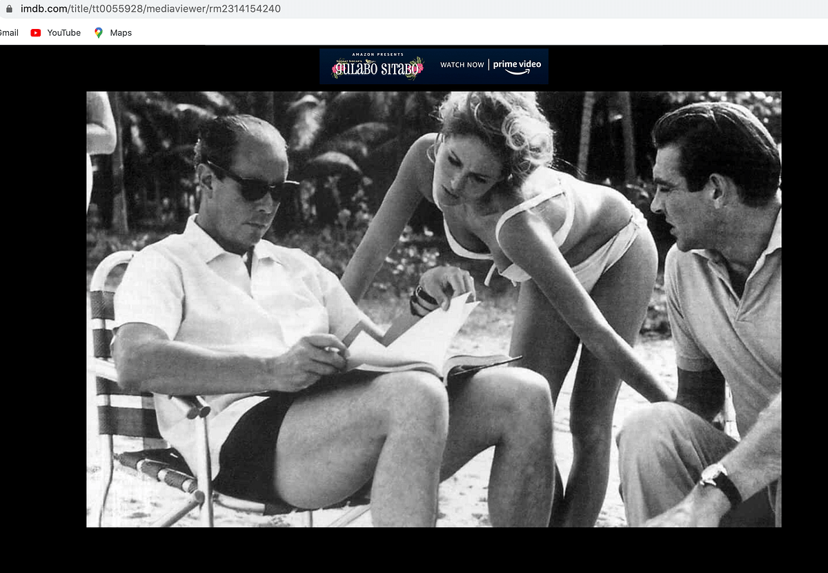 The image is of Swiss actress Ursula Andress which was taken on the sets of first Bond movie ‘Dr No’.