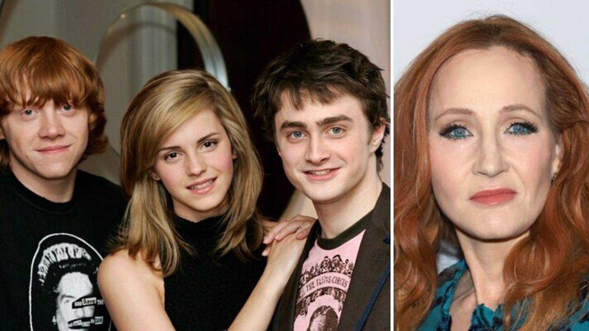 The cast of <i>Harry Potter (</i>L) and JK Rowling (R)