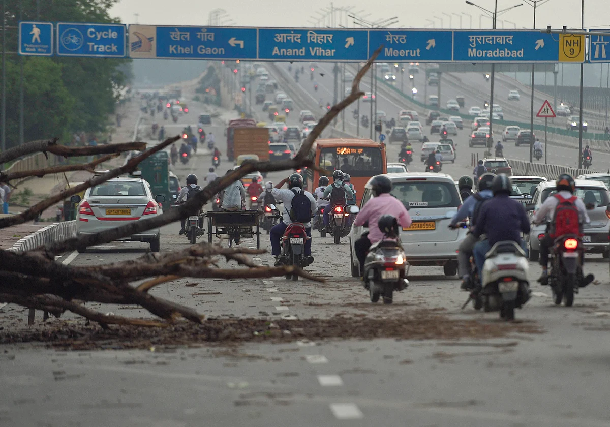 An uprooted tree lies on a busy road after a dust storm hit New Delhi.