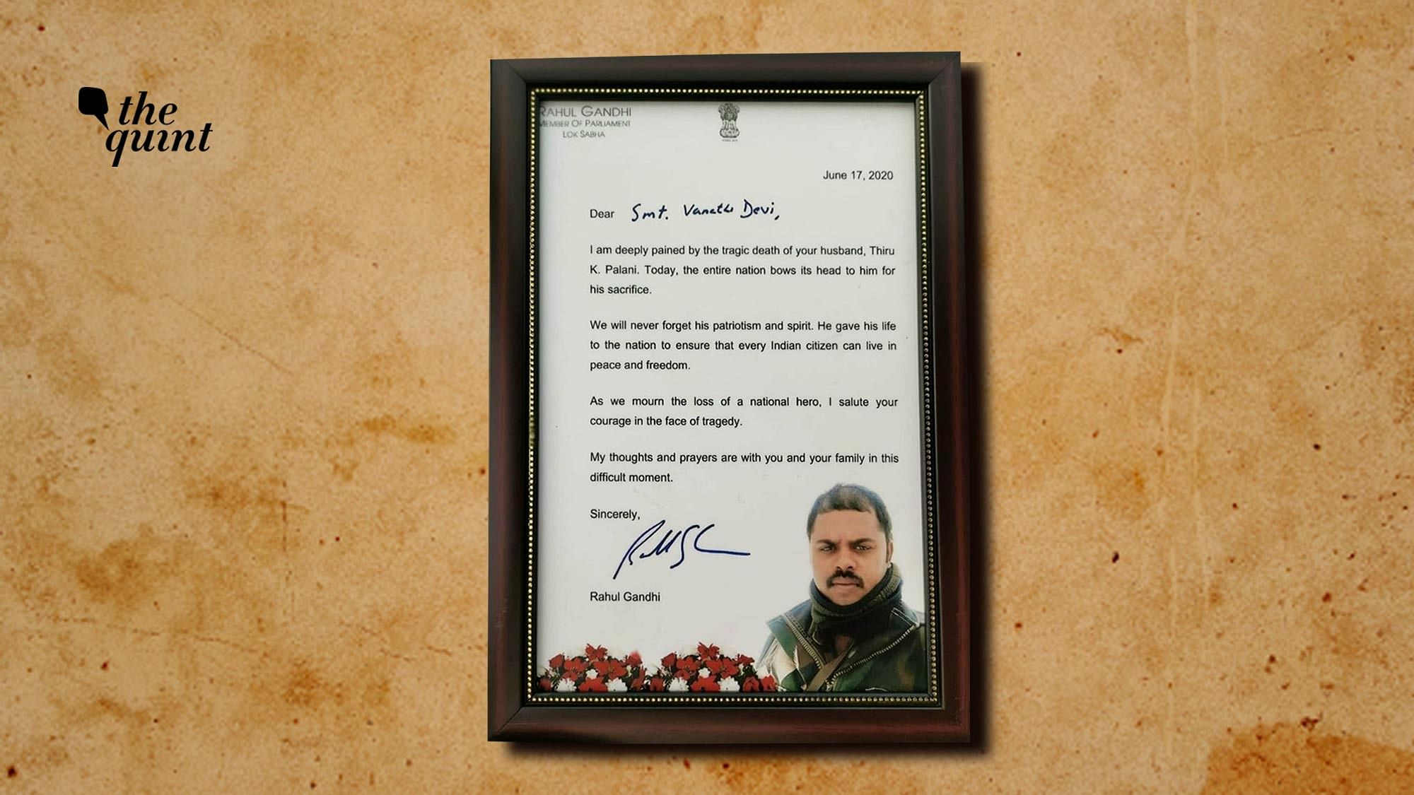 Letter written by Rahul Gandhi to the family of martyred soldier. 